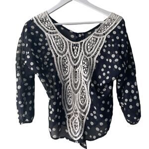 Charlotte Ruse Black & White Polka Dotted Chiffon Lace Front Button Down Blouse